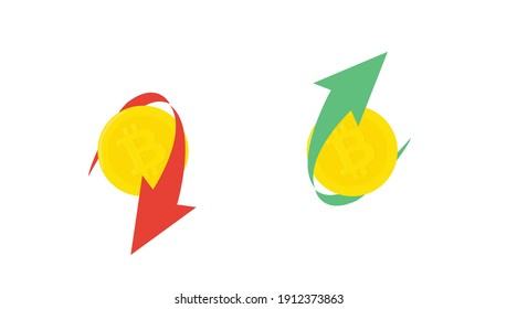 Vector Isolated Illustration of Bitcoins with Green and Red Arrows. Bitcoin Trading Icon Set