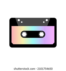 Vector isolated illustration of a black audio cassette with holographic iridescent gradient on a white background. Glitch rainbow effect. Retro art symbol. Music record tape