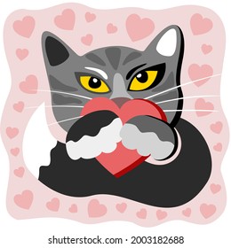 Vector isolated illustration of black cat with a heart in paws. Curled up into a ball. Long black tail with white tip on it. Slanted yellow bright eyes. Long moustache. Pink background with hearts.