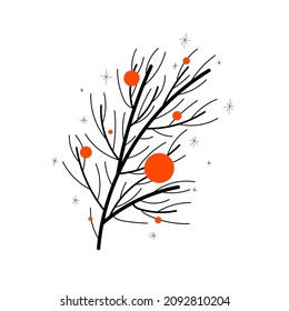 Vector isolated illustration of a black Christmas tree fir branch decorated with orange circles and line snowflakes on a white background. Winter doodle art, new year, celebration, holiday