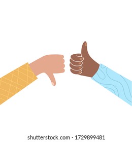 Vector isolated illustration of black and white girl hands with thumb up and down, like and dislike. Feedback and customer review concept. User satisfaction. Flat illustration on white background. .