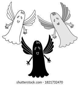 Vector isolated illustration black and white Halloween design set of lined and silhouetted cute ghosts. The design is perfect for stickers, logos, badges, stationary, decorations.