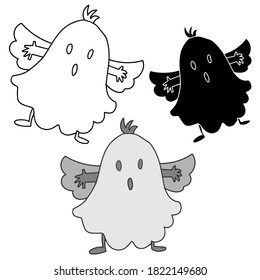 Vector isolated illustration black and white Halloween design set of lined and silhouetted cute ghosts. The design is perfect for stickers, logos, badges, stationary, decorations.