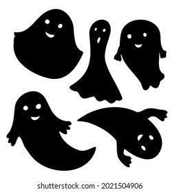 Vector isolated illustration black and white Halloween design set of lined and silhouetted cute ghosts. The design is perfect for stickers, logos, badges, stationary, decorations.