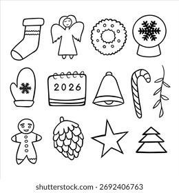 Ilustração isolada do vetor do conjunto de Natal do contorno preto e branco.