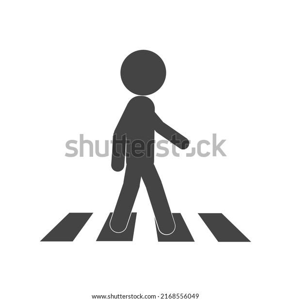 Vector isolated illustration of black and white\
stick figure walking on a pedestrian crossing, a design of zebra\
cross walk street sign