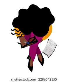 Vector isolated illustration of black woman sitting gross-legged on the ground with glasses in hands and book near her. Top view.