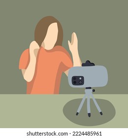 Vector isolated illustration of blogger girl recording video.