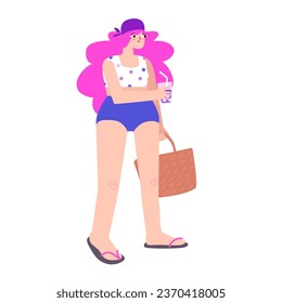 Ilustración vectorial aislada con carácter femenino positivo corporal en el desgaste de baño en la playa. Mujer de raza blanca plana con el pelo rosado sujeta el vaso y la bolsa de coctelería. Voz de verano y estilo tropical
