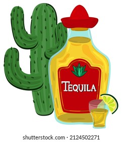 Vector isolated illustration of bottle of tequila, little glass with lemon and cactus on background.