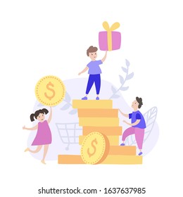 Vector isolated illustration of boy and girl with coin stack and gift. Budget planning. Child finance education symbol. Investment, saving symbol. Financial safety, investment building concept.