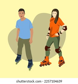 Vector isolated illustration of boy and girl on roller skates.