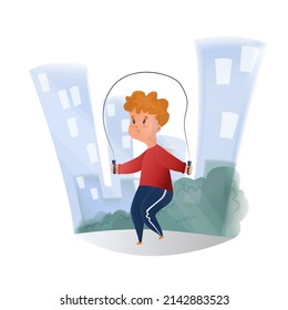 Vector isolated illustration with a boy jumping rope on the background of skyscrapers, houses, cities, streets. The concept of a healthy lifestyle, morning exercise, sports.