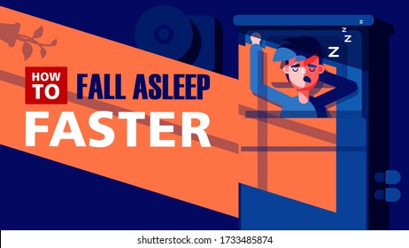 Vector isolated illustration boy man sleeping on his back comfortably  health dream flat style circadian rhythm biorhythm relaxation relax deep sleep problem fall asleep faster insomnia sleeplessness