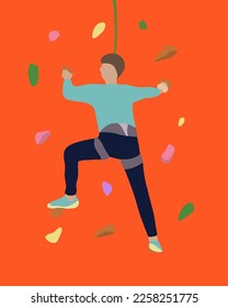 Vector ilustra aisladamente a un niño en una pared de escalada.