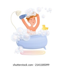 Vector isolated illustration of boy shampooing his hair in a bubble bath with a yellow duck. The concept of hygiene, cleanliness, hair care. It can be used in web design, banners, etc.