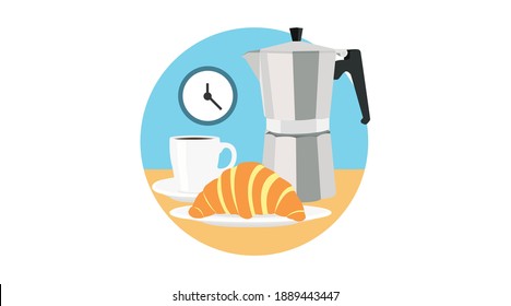 Vector Isolated Illustration of a Breakfast with Coffee Maker, Coffee Cup, Croisant and a Clock. Morning Breakfast Icon 