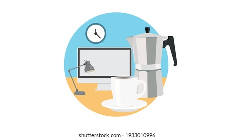 Vector Isolated Illustration of a Breakfast, with a coffee maker, a cup of coffe, a computer, a lamp and a clock. Morning Breakfast Icon