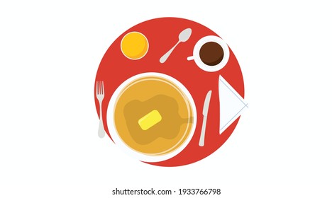 Vector Isolación Ilustración de un desayuno con café, cubiertos, crepes. Icono de desayuno o signo
