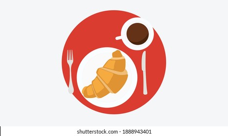 Vector Isolated Illustration of a Breakfast with Croissant, Cutlery and Coffee. Breakfast icon