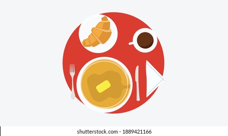 Vector Isolated Illustration of a Breakfast with Croissant, Coffee, Cutlery, Pancakes. Breakfast Icon or Sign
