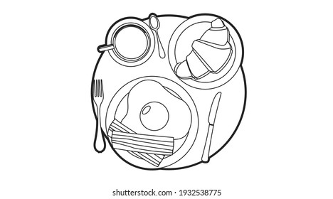 Vector Isolated Illustration of a Breakfast, with Croissant, Fried Eggs, Bacon, Coffee, Cutlery. Breakfast Sign or Icon
