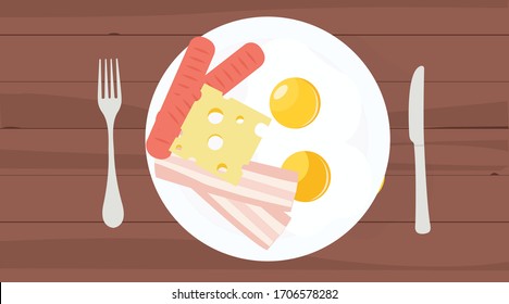 Vector Isolated Illustration of a Breakfast, with Fried Eggs, Cheese, Sausages, Bacon and Cutlery