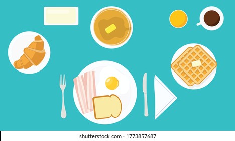 Vector isolated illustration of a breakfast with fried egg, bacon, bread, toast, croissant, pancakes, waffles, butter, coffee, juice, fork, knife, plates.