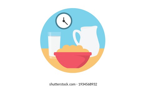 Vector isolated illustration of a breakfast, with a jar of milk, a glass and a bowl of cereal