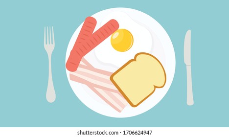 Vector Isolated Illustration of a Breakfast, with a Plate with a Fried Egg, Sausages, Bacon and Bread