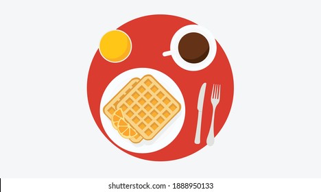 Vector Isolación Ilustración de un desayuno con Waffles, Jugo, Café y Cubertería. Icono de desayuno