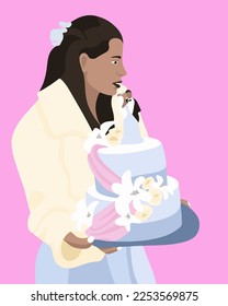Vector ilustra aisladamente a una novia sosteniendo una torta.
