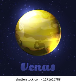 Vector isolated illustration of a bright shiny planet. A multi-colored cartoon Venus on a starry background. voluminous celestial body