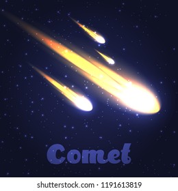 Vector Isolated Illustration Of A Bright Shiny Planet. Light Effect Comet On A Starry Background. Celestial Body