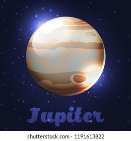 Vector isolated illustration of a bright shiny planet. A multi-colored cartoon Jupiter on a starry background. voluminous celestial body