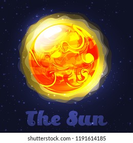 Vector isolated illustration of a bright shiny star. A multi-colored cartoon Sun on a starry background. voluminous celestial body