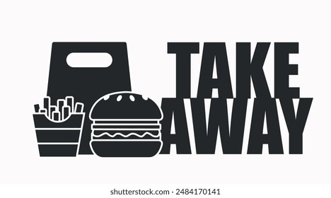 Vector Isolated Illustration of Burger and Fries and a take away bag. Black and White Burger and Fries take away icon