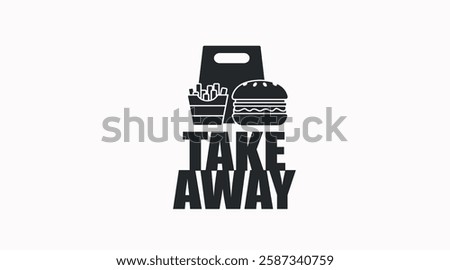 Vector Isolated Illustration of Burger and Fries and a take away bag. Black and White Burger and Fries take away icon