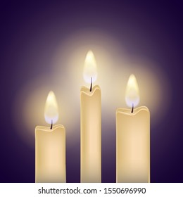 Vector isolated illustration of burning candles with realistic transparent flame. Soft light. Decoration for celebrations. Dark background