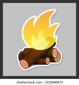 Vector isolated illustration of a burning fire with a tree on a gray background. Bonfire sticker design. Summer camping fire or fireplace with wooden logs. Summer camp label or logo