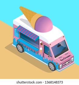 Vector isolated illustration of a car with a refrigeration unit, a truck for sale and production of ice cream, vanilla, chocolate, popsicles, food on wheels isometry - Vector illustration