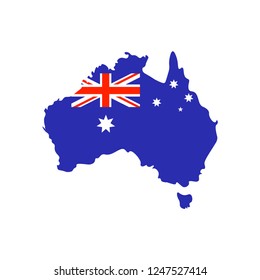 Vector isolated illustration card with blue silhouette of continent Australia and national flag. White background