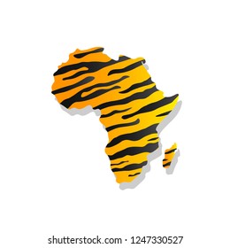 Vector isolated illustration card with silhouette of continent Africa with black and orange animal tyger stripes print. White background