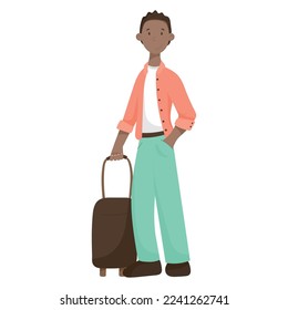 Vector isolated illustration of cartoon african american male traveler with suitcase.