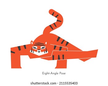 Vector isolated illustration with cartoon animal doing balancing yoga practice - Astavakrasana. Asian tiger learns Eight-Angle Pose. Geometric concept with sport exercise for abs and arms