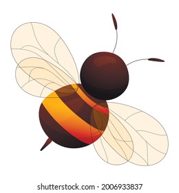 Vector isolated illustration cartoon bee from above. View of the striped back, sting and transparent wings.