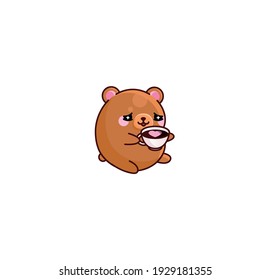 Vector isolated illustration cartoon cute bear good morning cup of coffee pleasure kawaii chibi Japanese style Emoji character sticker emoticon smile emotion mascot design