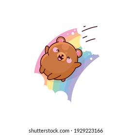 Vektor einzelne Illustrationskarikatur süßer Bär Reiten Regenbogen Glück Freude kawaii chibi japanischen Stil Emoji-Charakter Aufkleber Emoji Lächeln Emotionen Maskottdesign