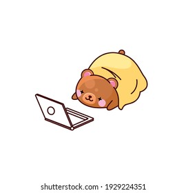 Vektor einzelne Illustrationskarikatur süßer Bär liegen und Laptop-Film kawaii chibi japanischen Stil Emoji-Charakter Aufkleber Emoji Lächeln Emotionen Maskottdesign