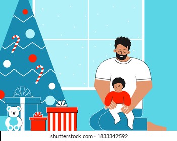 Vektorgrafik einzeln. Cartoon flach Mann hält Baby in den Armen. Der Raum ist mit Geschenkbox und Weihnachtsbaum Konzept für die Gestaltung der Grußkarten für Neujahr und glückliche Feiertage geschmückt.	